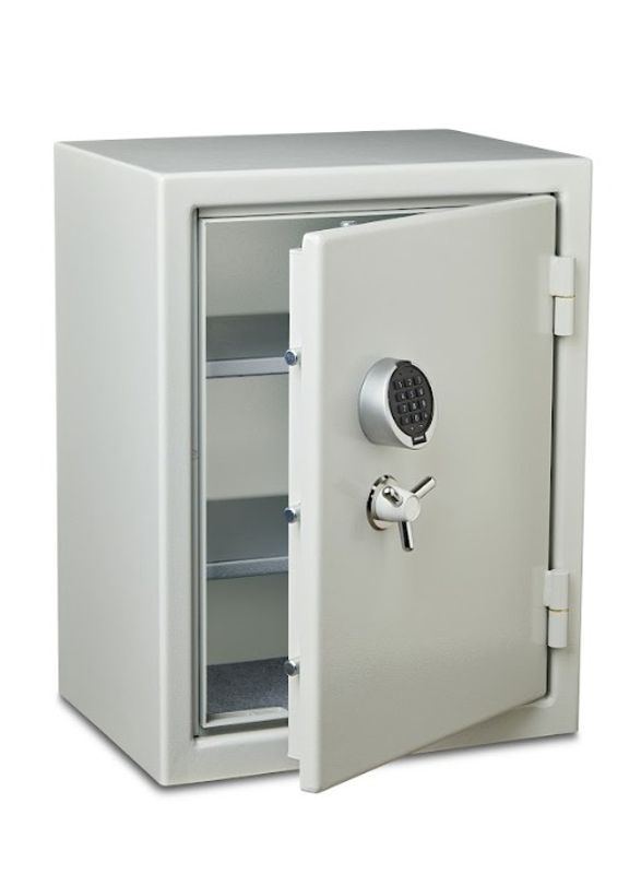 Liten, FG-godkjent safe for hjemmet med en hylle og 2 bokser. 